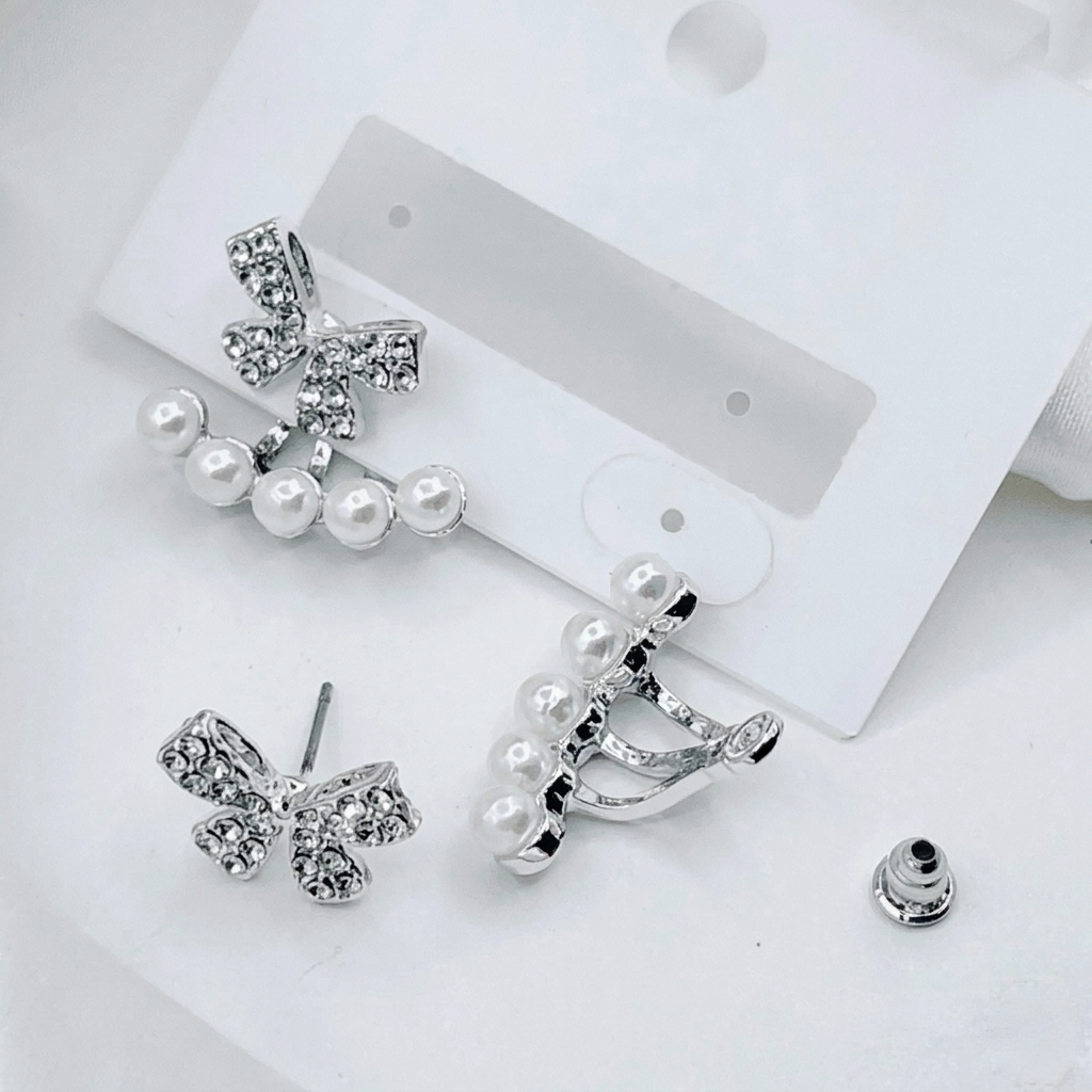 Bow Pearl Zircon Earrings Golden Silver