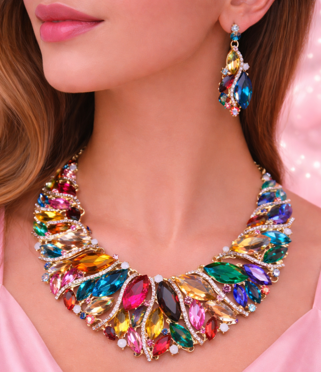 Colorful Crystal Necklace Earrings Set for Women